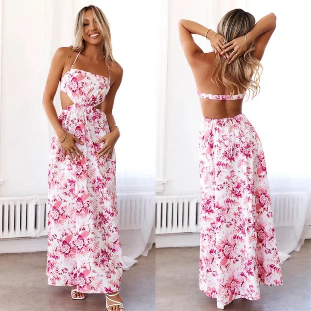 Hello Molly White Maxi Dress with Pink Floral Print